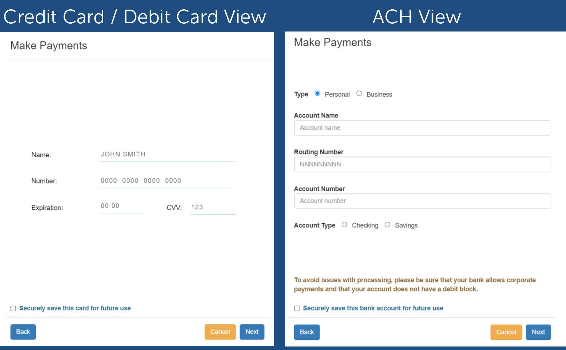 image of debit card view and ach payment view on payment screen